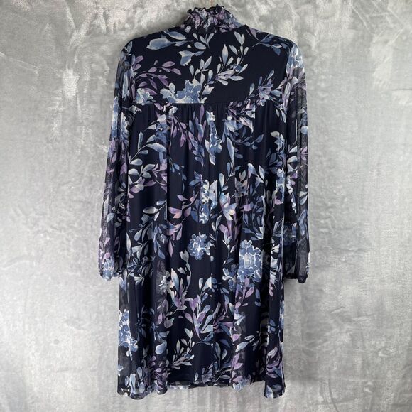 En Focus Studio Dress Womens 8 Navy Blue Purple Floral Smocked Mock Neck - Picture 4 of 16